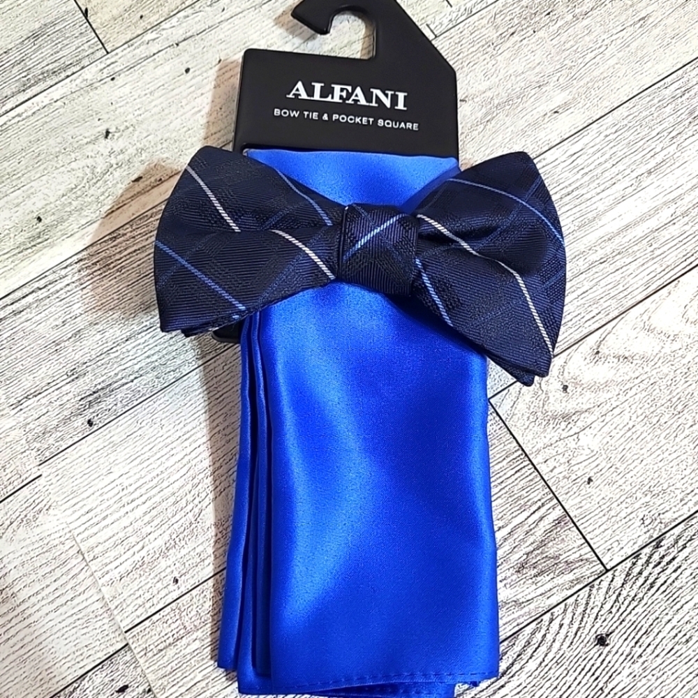 Alfani Canfield Grid Navy Blue Bow Tie & Royal Blue Pocket Square NWT Pre-Tied